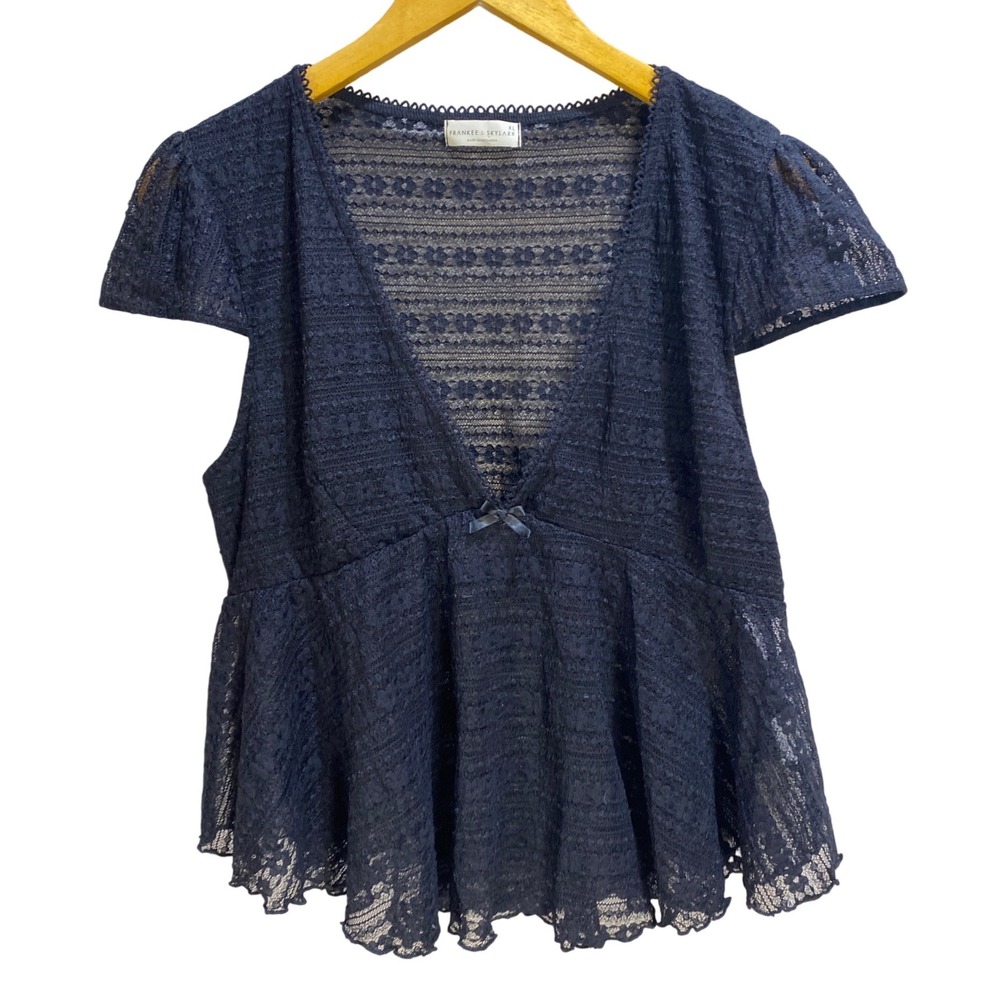 Frankee & Skylarr‎ Sheer Lace Peplum Top XL Black Cap Sleeve V-Neck Whimsygoth